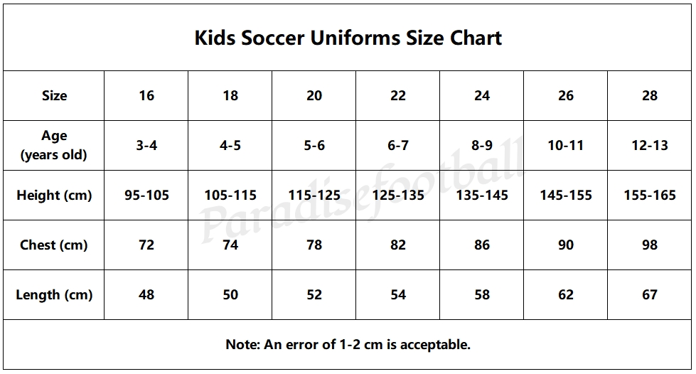 Kids Youth Soccer Jersey Size Chart